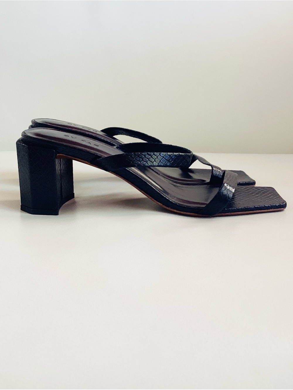 by Far Black Leather Square-Toe Block Heel Sandals - Women SZ 6/36